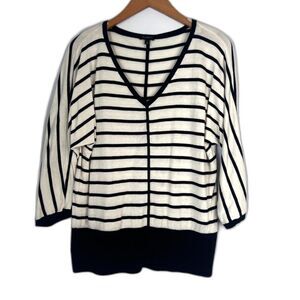 Talbots White Black Striped Vneck Pullover Knit Sweater 3/4 Sleeve Size Large